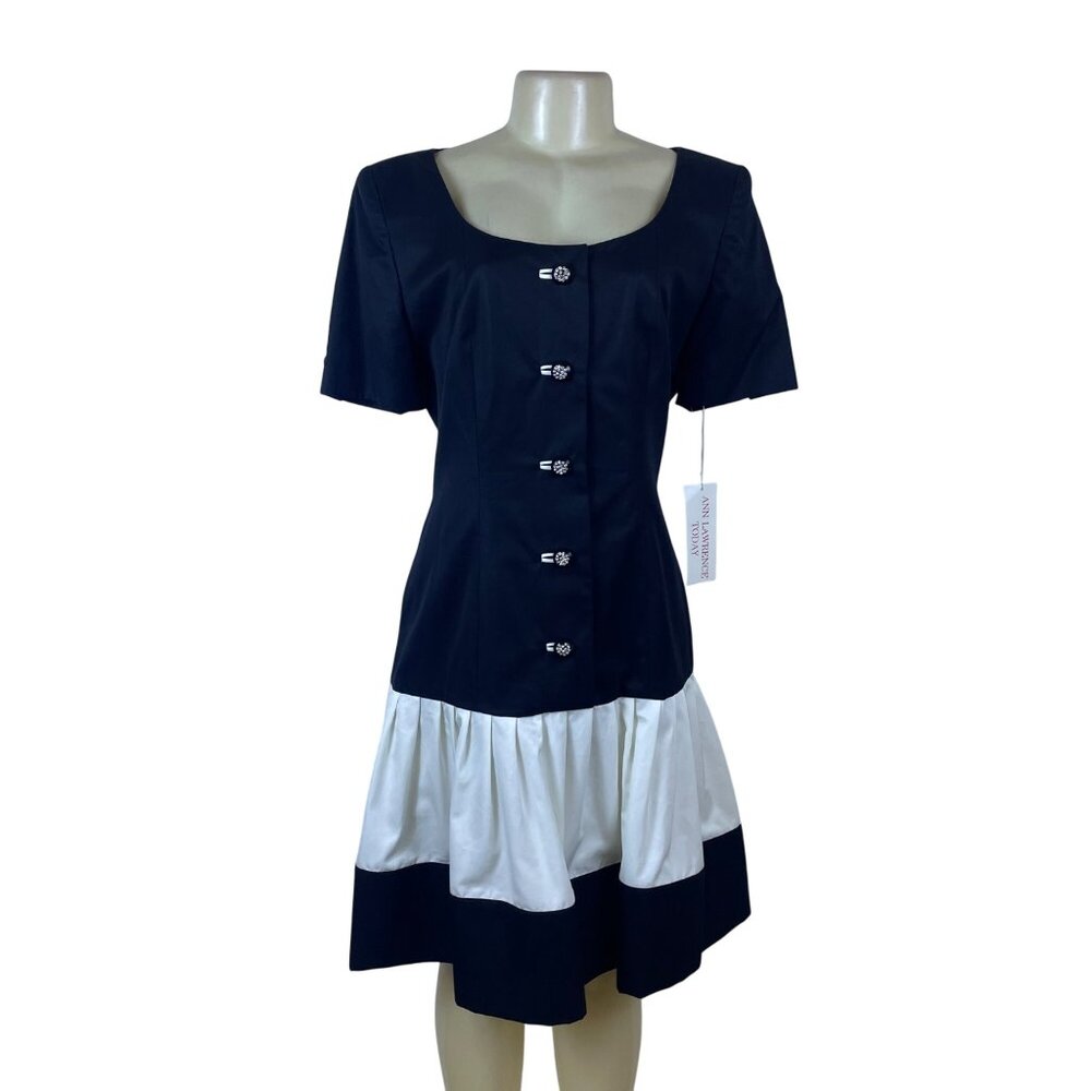 Ann Lawrence Today Black & White Short Sleeve Button Front Dress Sz 12 - New